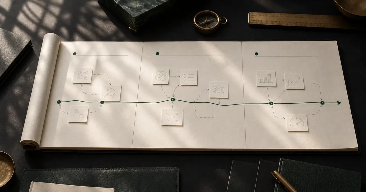 Three-phase paper roadmap showing an AI project moving from discovery to pilot and measured deployment