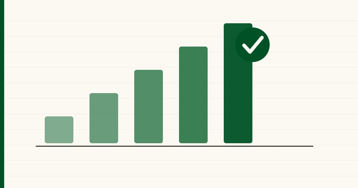 Forest-green bar chart rising across a cream ledger, topped with a verification check mark