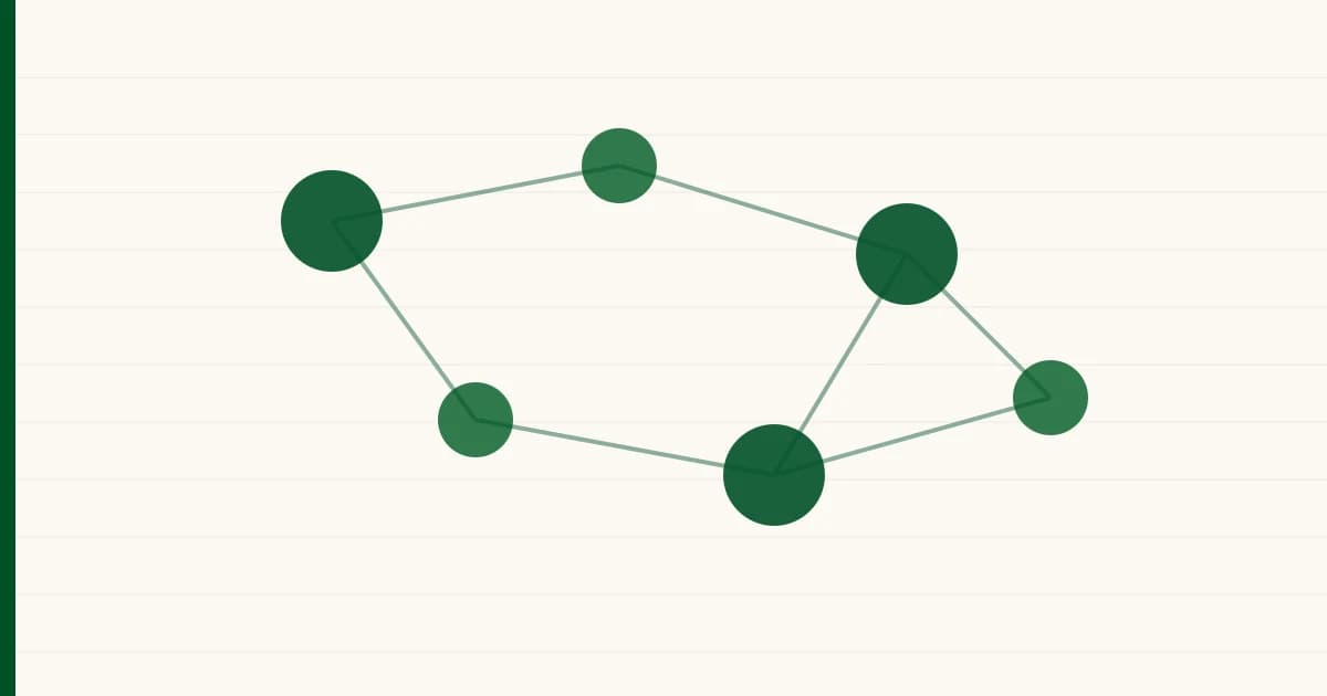 Interconnected forest-green nodes representing operations workflows on a cream ledger
