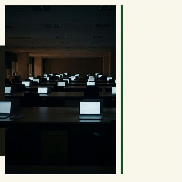 Dimly lit open-plan office at dusk with laptop screens glowing — editorial hero image