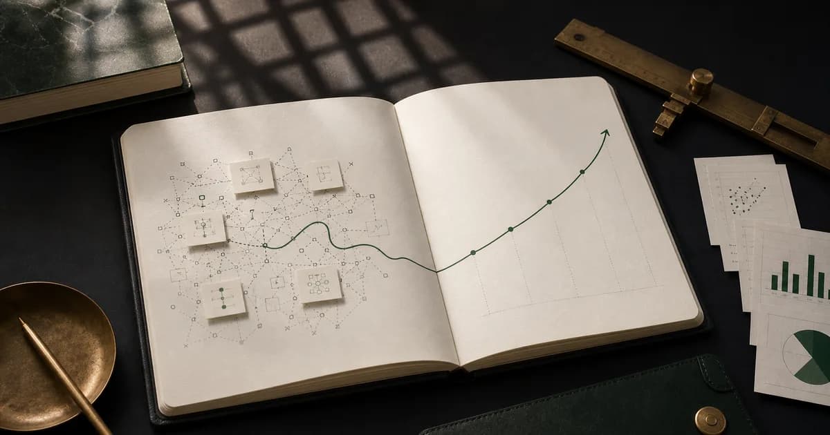 Open cream ledger showing a forest-green path from scattered workflows to measurable business value