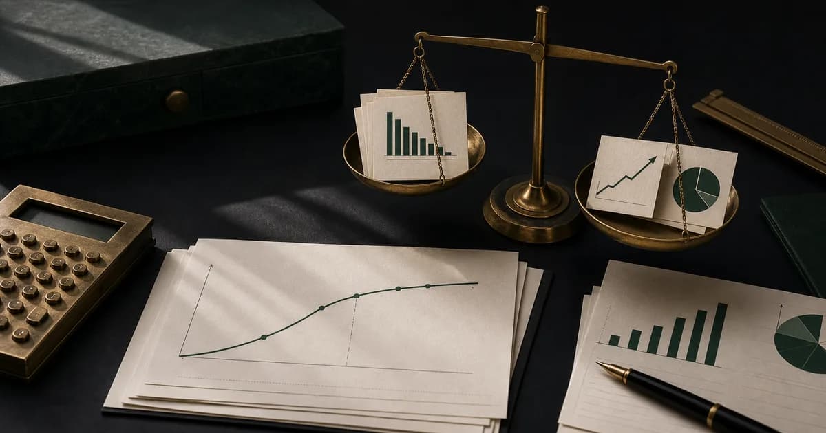 Brass balance scale comparing AI implementation costs with savings and growth returns